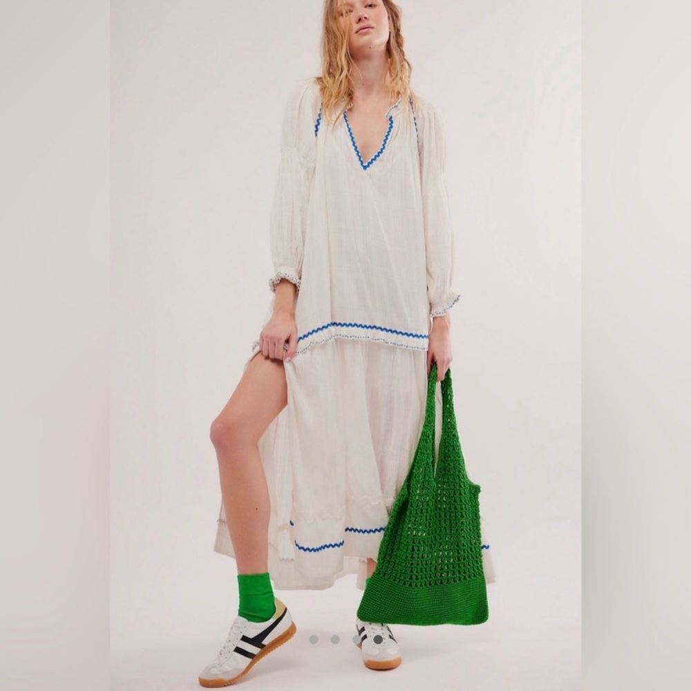 Free People White Midi Dress with Blue Trim - Picture 2 of 7